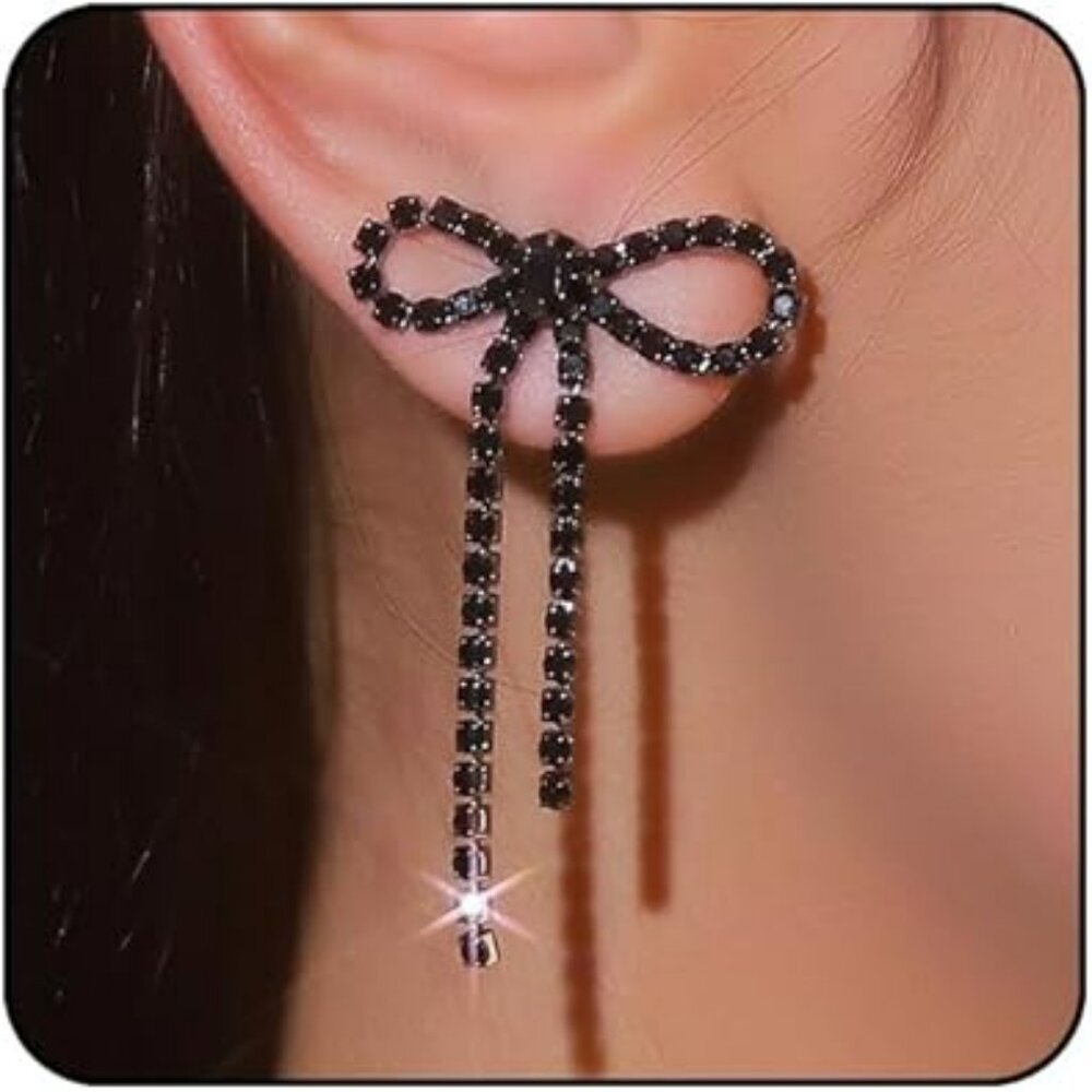 Trendy Black Earrings Dangling Sparkly Classy Black Bow Earring Set‎ Mothers Day
